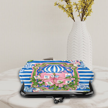 Preppy Chinoiserie Pink And Blue Women's Leather Kiss Lock Coin Purse