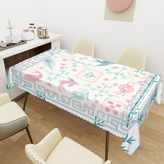 Mahjong Watercolor Tile Mahj Hosting Rectangular Table Cloth with Wavy Edge