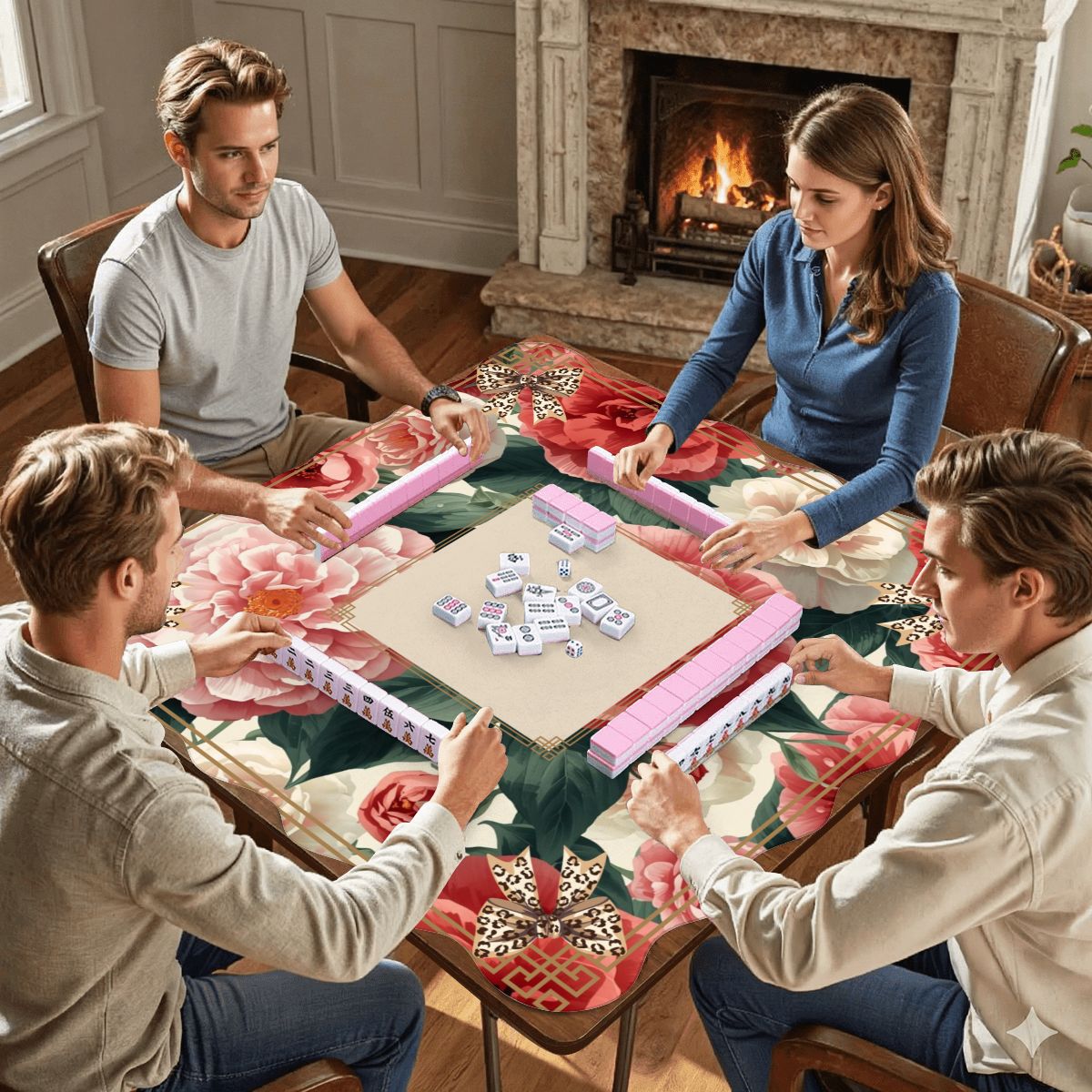 Floral Charleston Camellias Scalloped Mahjong Mat - Splash of Color Co.