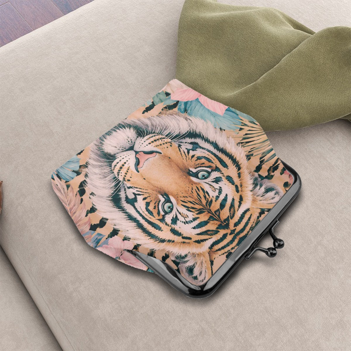Eye of The Tiger Floral Print Women's Leather Kiss Lock Coin Purse