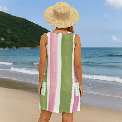 Preppy Watercolor Green And Pink Striped Mahjong Women's Sleeveless Dress with Pockets - Splash of Color Co.