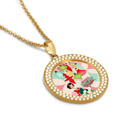 Merry And Bright Christmas Round Rhinestone Pendant Necklace