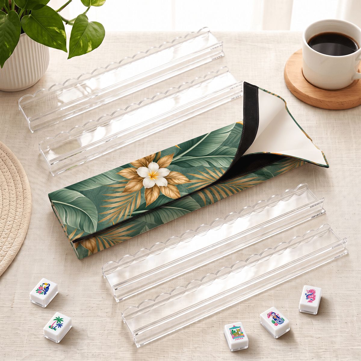 Lotus Botanical Bag Extended Mahjong Clear Rack Set  4pcs Scalloped Pushers