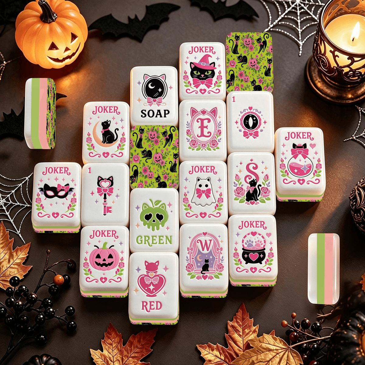 Halloween Kitty Cat Brigade Green And Pink Layered Mahjong Tiles And Carry Case - Splash Of Mahj And Color Co.