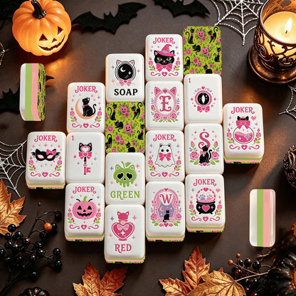 Halloween Kitty Cat Brigade Green And Pink Layered Mahjong Tiles And Carry Case - Splash Of Mahj And Color Co.