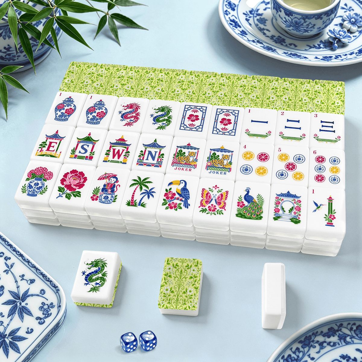 Key Lime Crush Chinoiserie Floral Engraved Mahjong Tiles