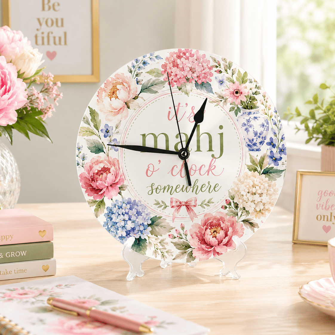 It's Mahj O'Clock Somewhere Preppy Floral PVC Wall Clock With Stand - Splash Of Mahj And Color Co.