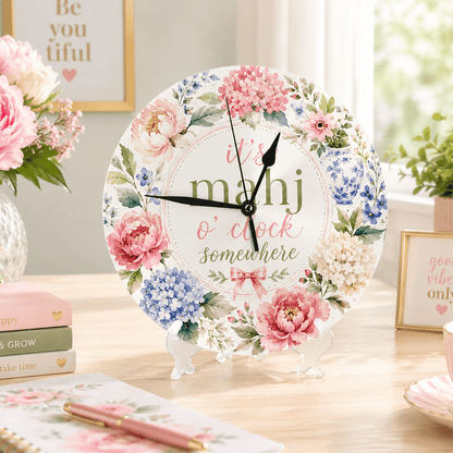 It's Mahj O'Clock Somewhere Preppy Floral PVC Wall Clock With Stand - Splash Of Mahj And Color Co.