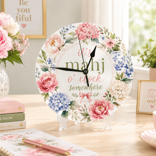 It's Mahj O'Clock Somewhere Preppy Floral PVC Wall Clock With Stand - Splash Of Mahj And Color Co.