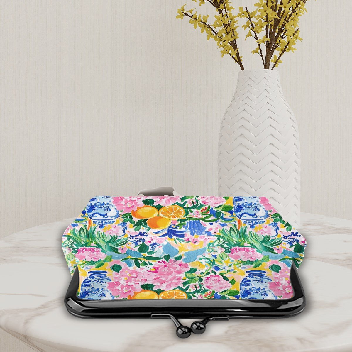 Sunny Citrus Preppy Chinoiserie Women's Leather Kiss Lock Coin Purse - Splash of Color Co.