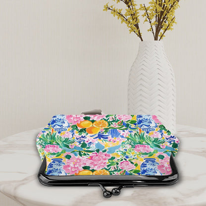 Sunny Citrus Preppy Chinoiserie Women's Leather Kiss Lock Coin Purse - Splash of Color Co.