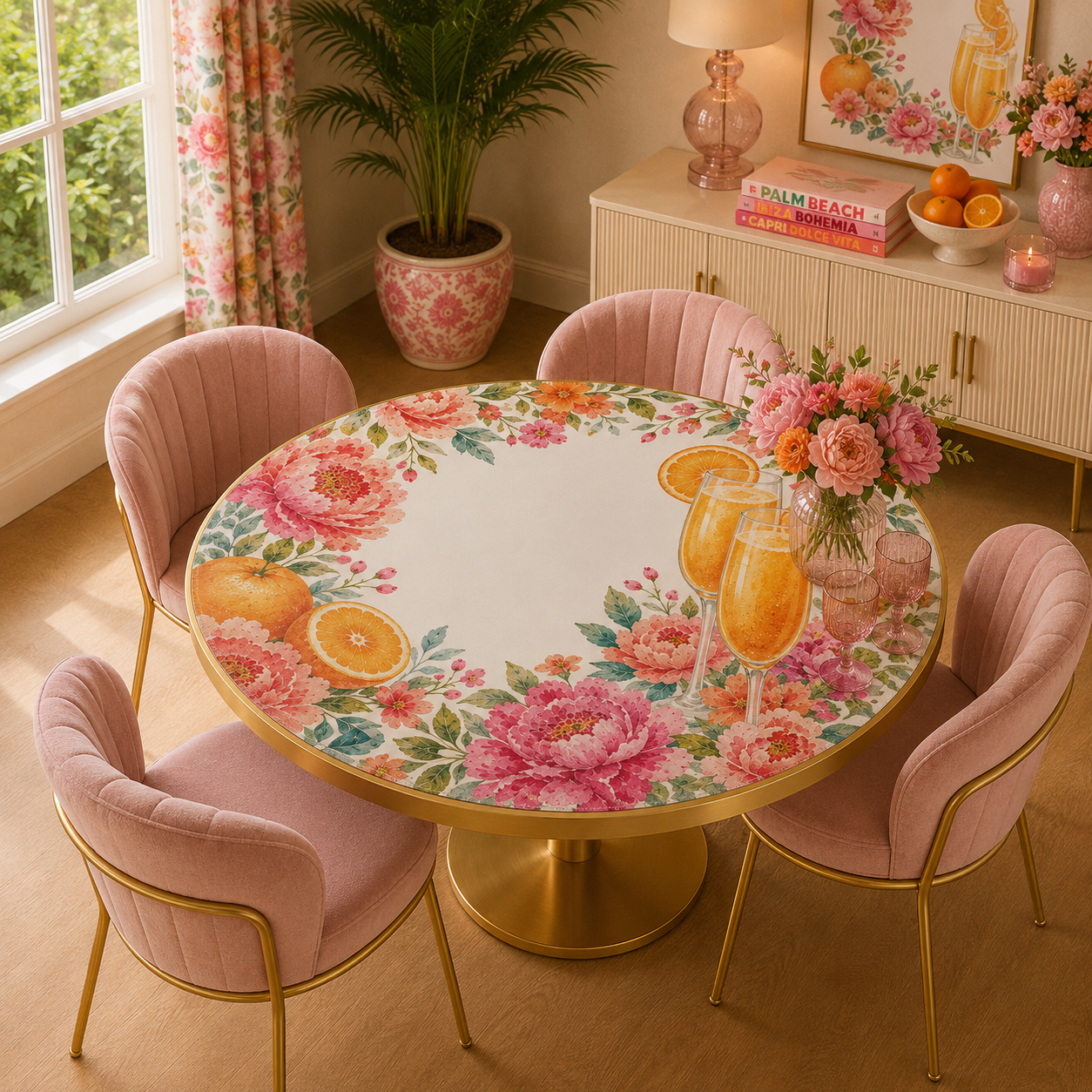 Mahjong And Mimosas Floral Pink, Orange Round Mahjong Mat