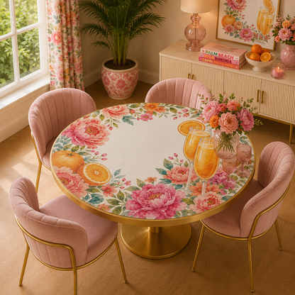 Mahjong And Mimosas Floral Pink, Orange Round Mahjong Mat