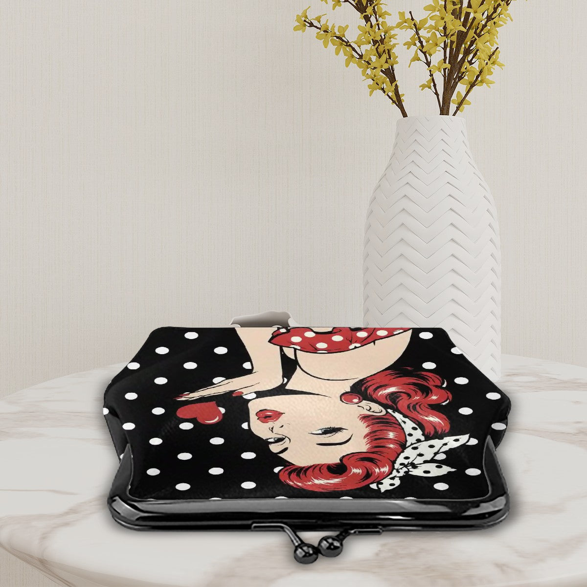50s Modcentric Sassy Red Head Polka Dotted Women's Leather Kiss Lock Coin Purse