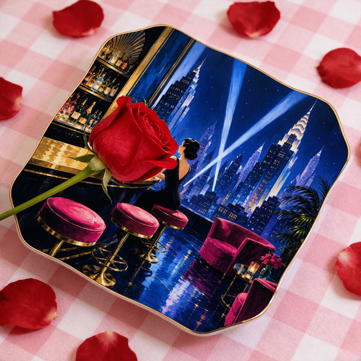 Art Deco Midnight At The Oasis Scalloped Ceramic Mahjong Dice Tray