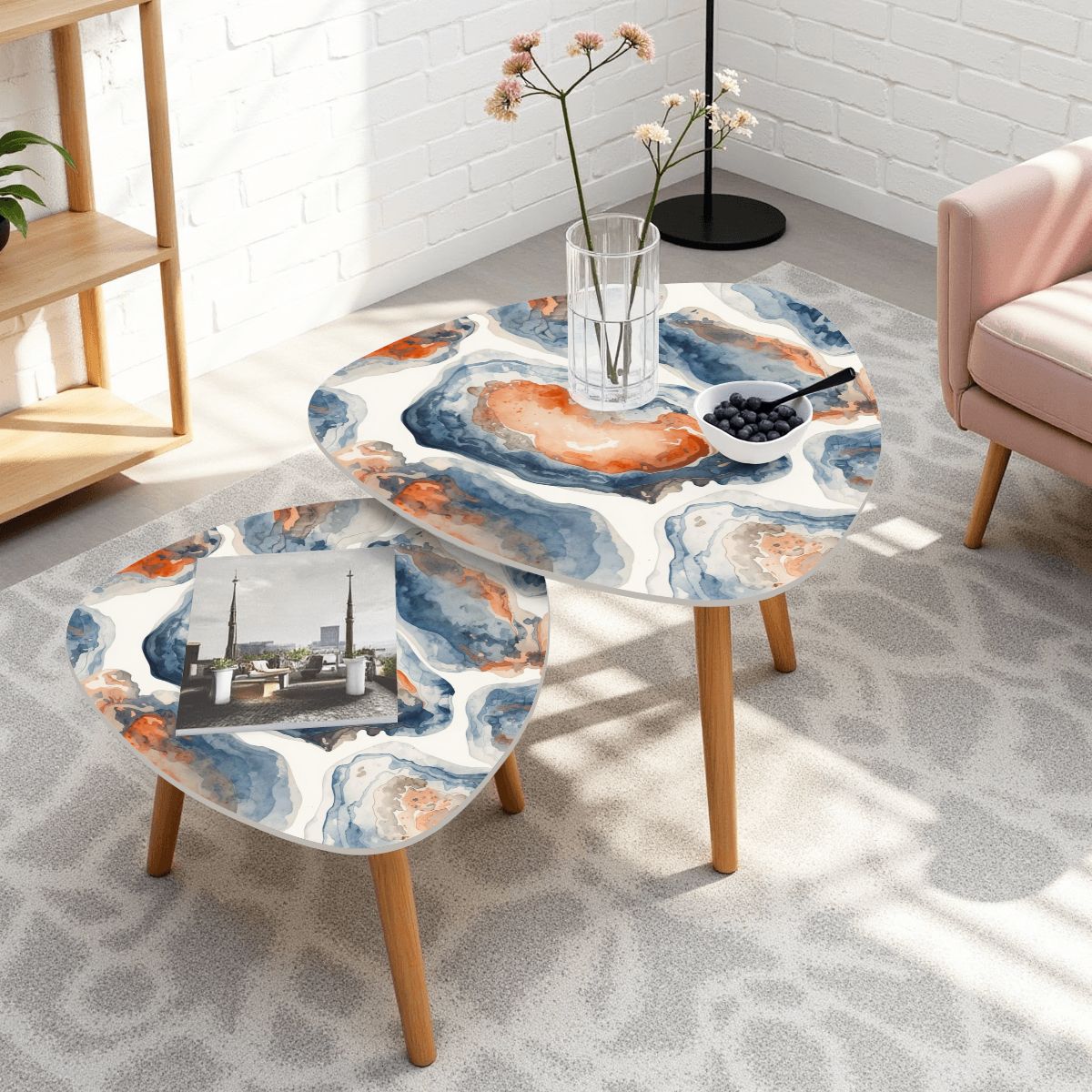 Watercolor Blue Oyster Modern Nesting Tables Triangle Coffee Table Set of 2 - Splash of Color Co.