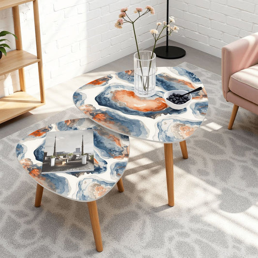 Watercolor Blue Oyster Modern Nesting Tables Triangle Coffee Table Set of 2 - Splash of Color Co.