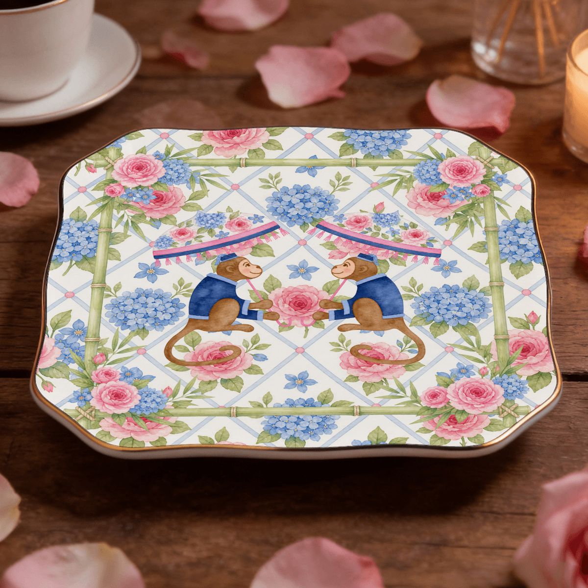 Asian Chinoiserie Floral Monkey Scalloped Ceramic Mahjong Dice Tray