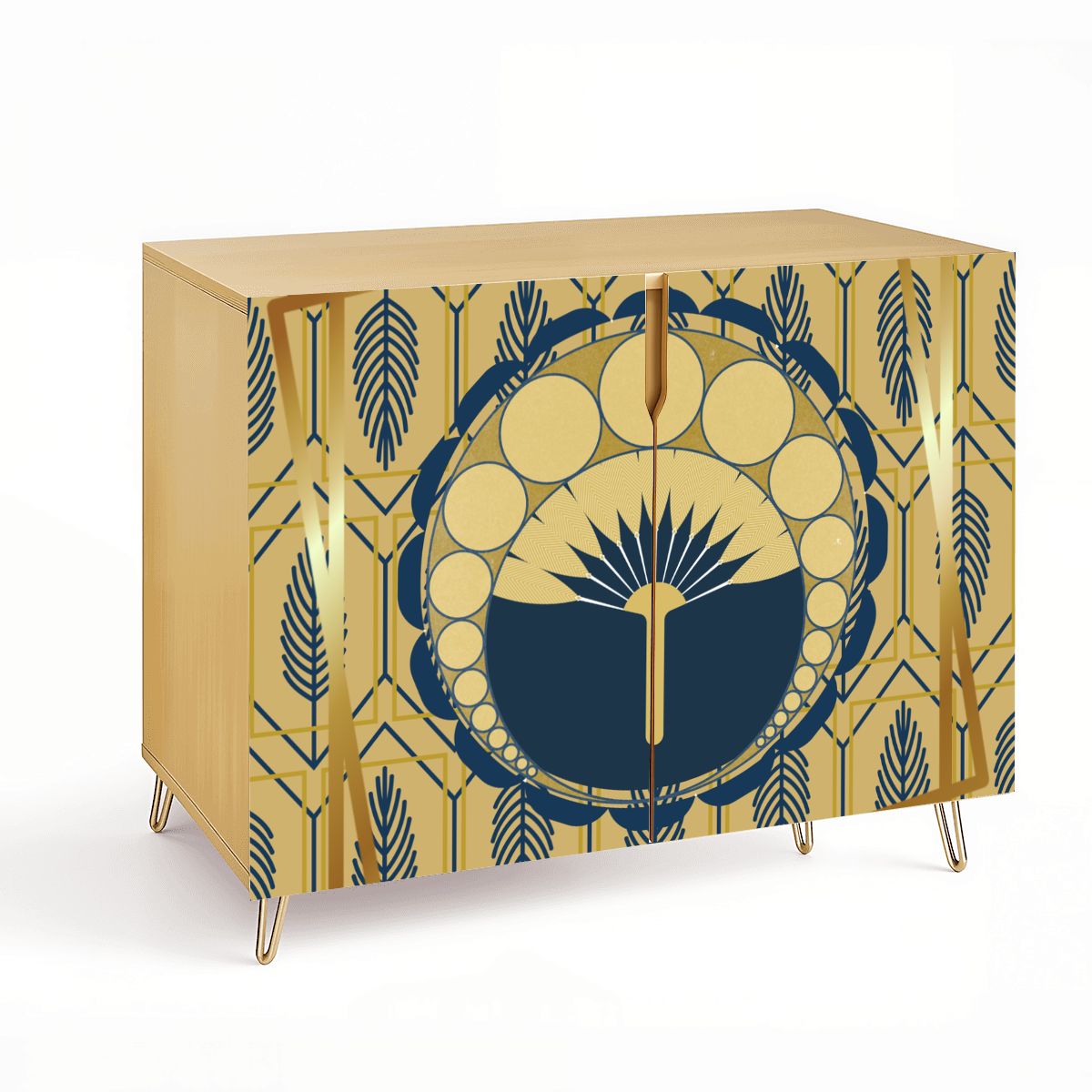 Palm Royale' Art Deco Modern Gold Royal Blue Wooden Storage Cabinet - Splash of Color Co.