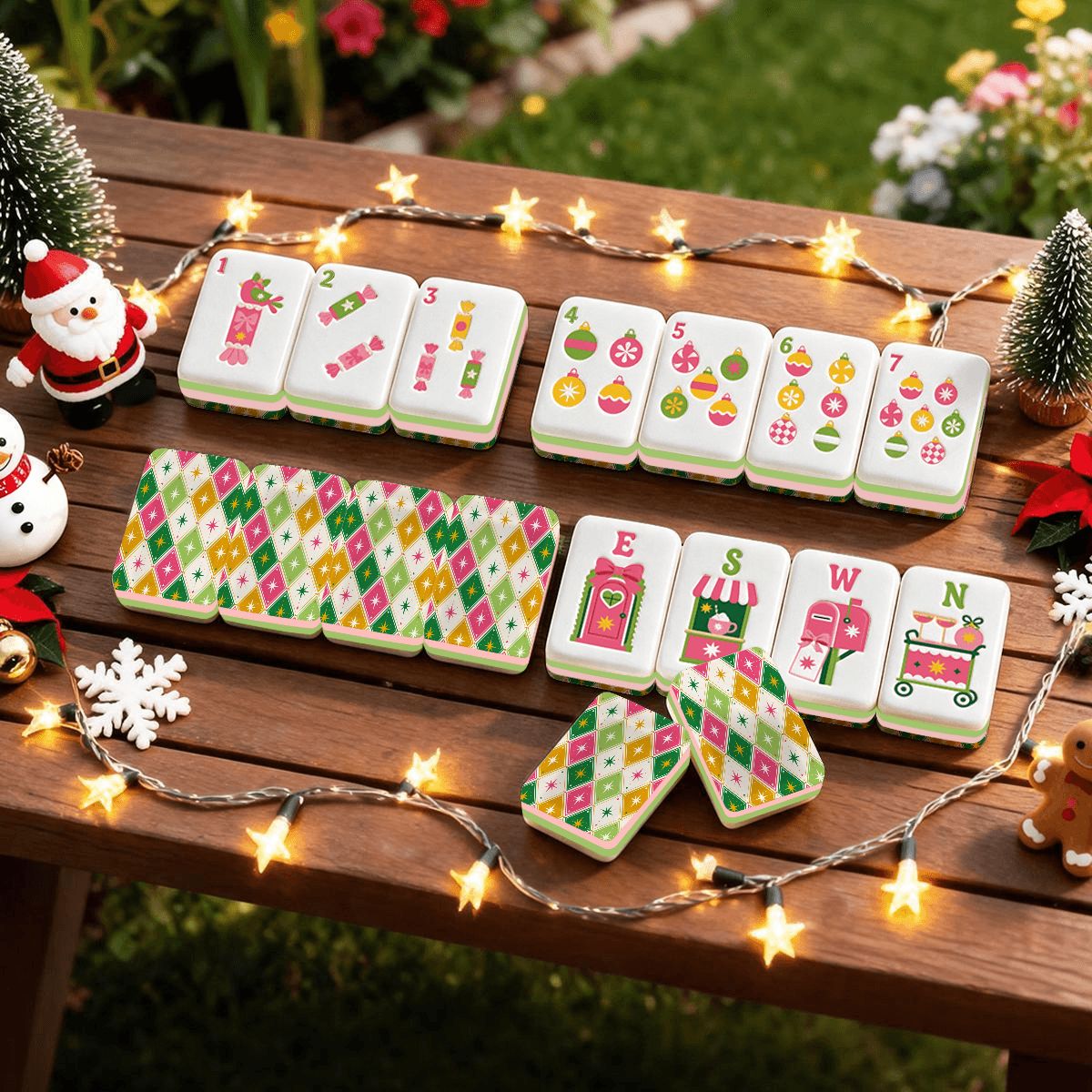 Harlequin Whimsy Preppy Pink Christmas Mahjong Tiles And Carry Case