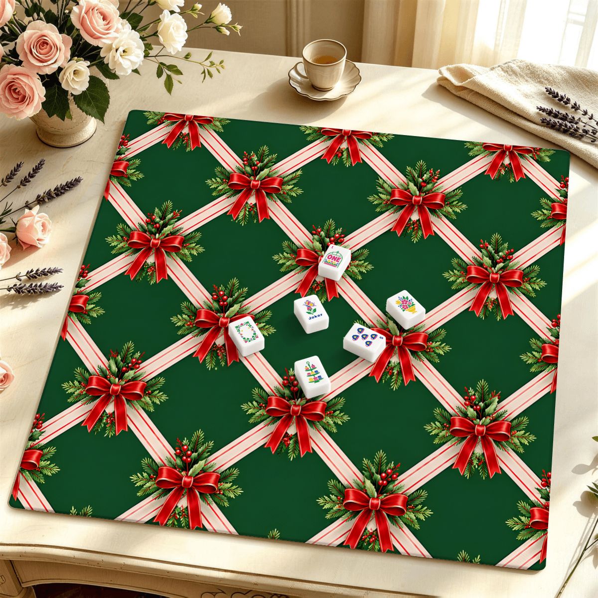 Evergreen & Bows Vintage Christmas Mahjong Mat Sleek Surface
