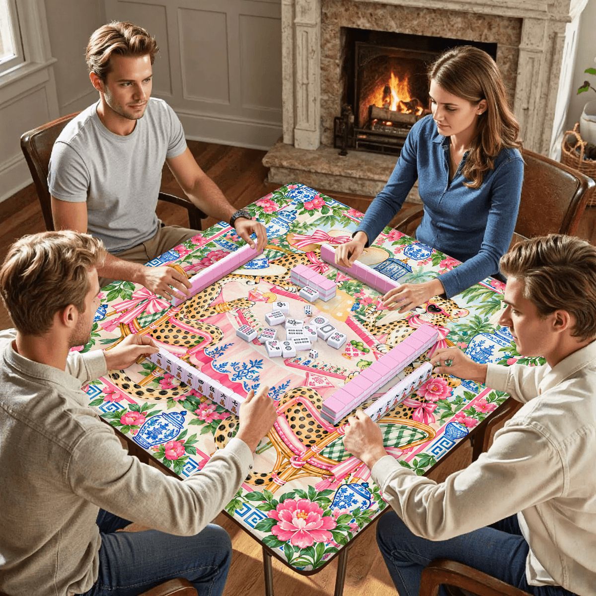 Grandmillenial Chic Leopard Ladies Chinoiserie Mahjong Mat