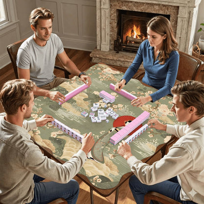 Floral Asian Geisha Girl Scalloped Mahjong Mat - Splash of Color Co.