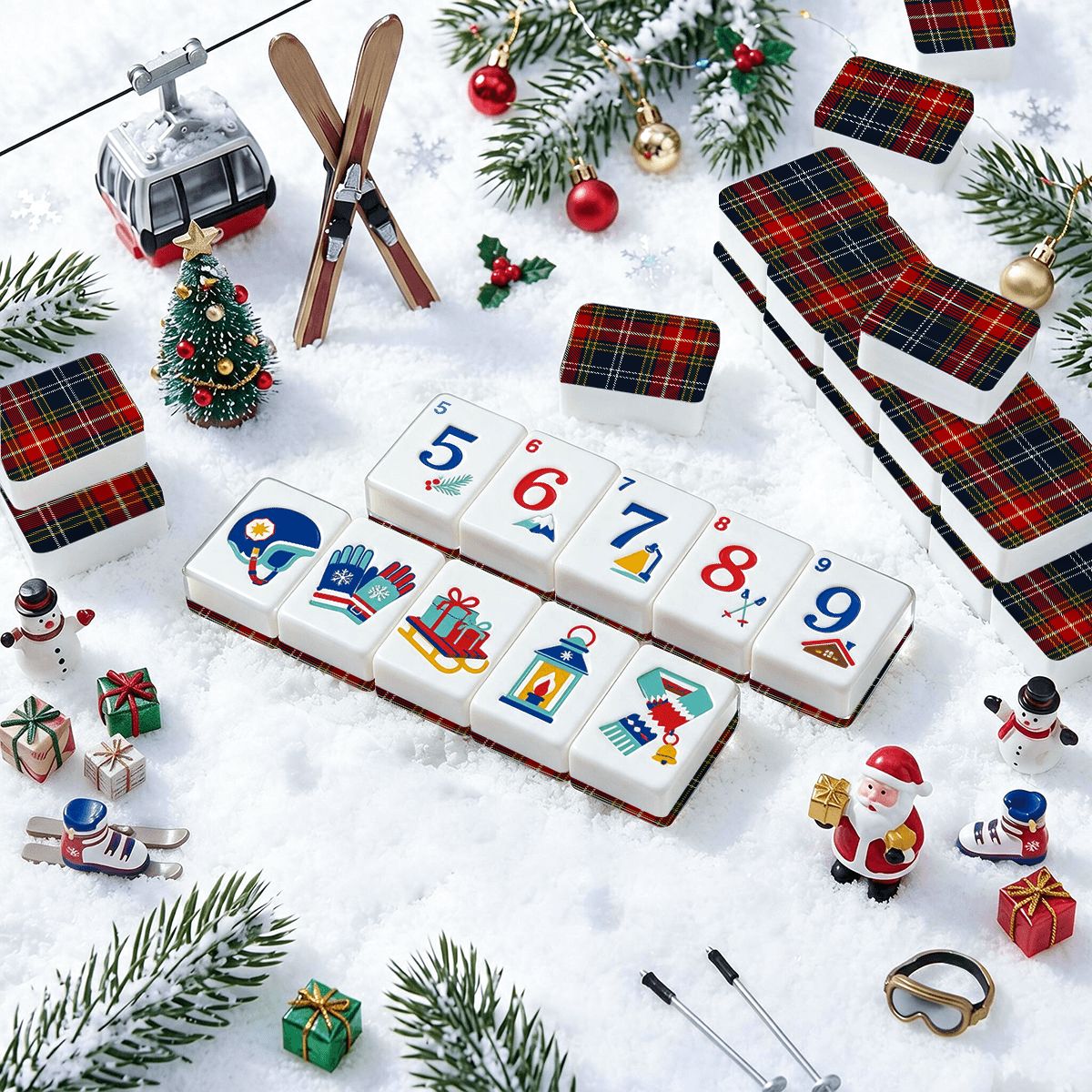 Winter Plaid Alpine Slopes Engraved Mahjong Tiles And Carry Case - Splash Of Mahj And Color Co.
