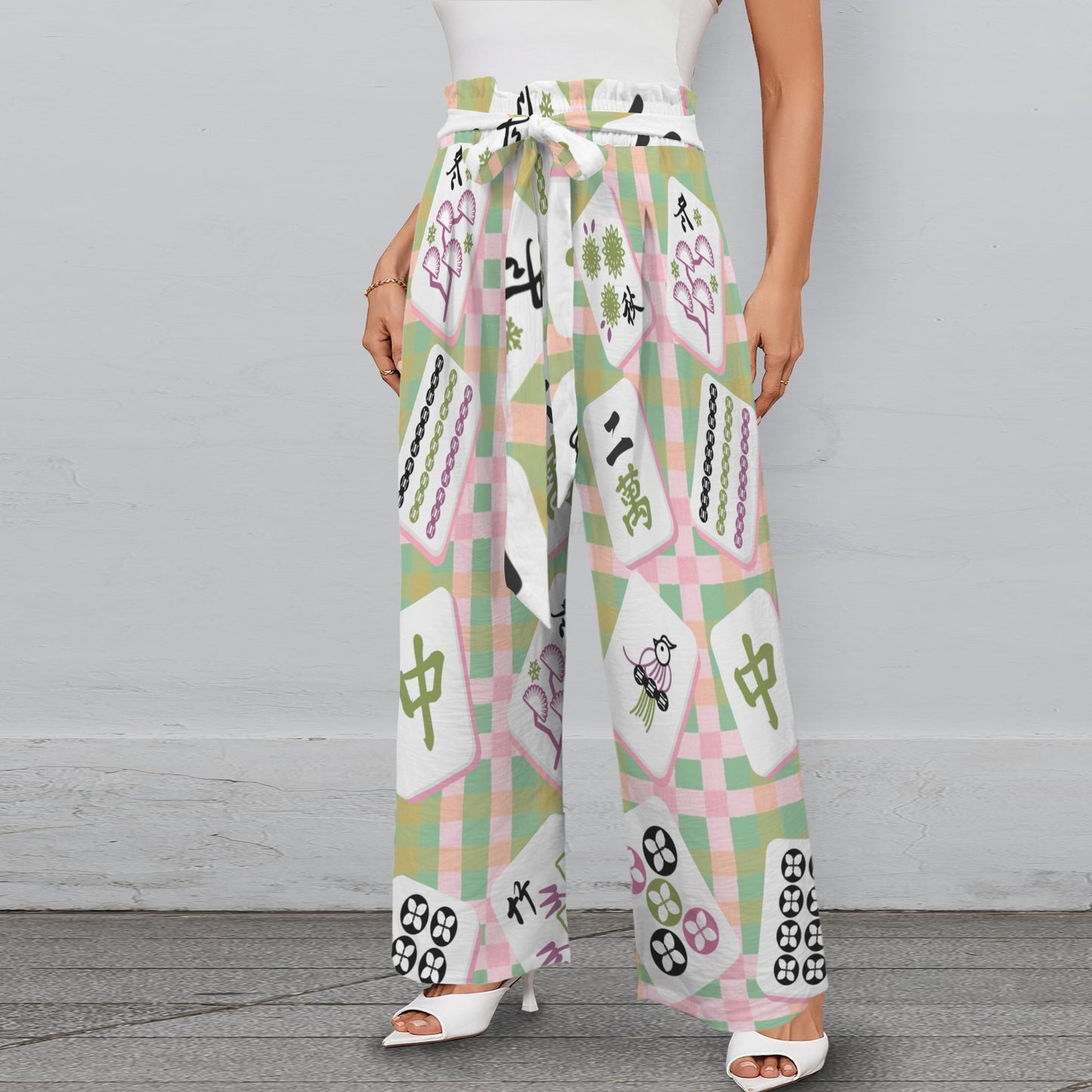 Preppy Trendy Mahjong Pants With Belt, Pink Green Striped And Mahj Tile Print - Splash of Color Co.