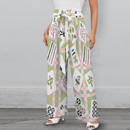 Preppy Trendy Mahjong Pants With Belt, Pink Green Striped And Mahj Tile Print - Splash of Color Co.