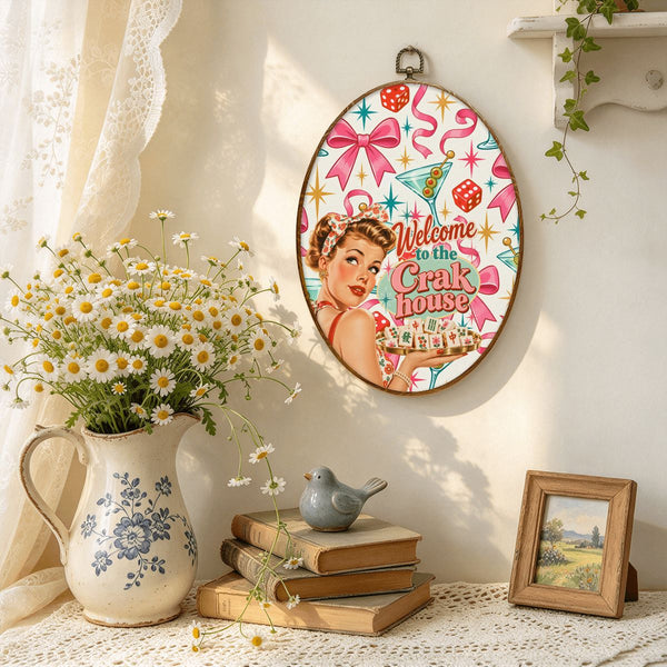 Mahjong Room Funny Welcome To The Crak House Vintage Oval Wall Art Framed Canvas Print - Splash Of Mahj And Color Co.