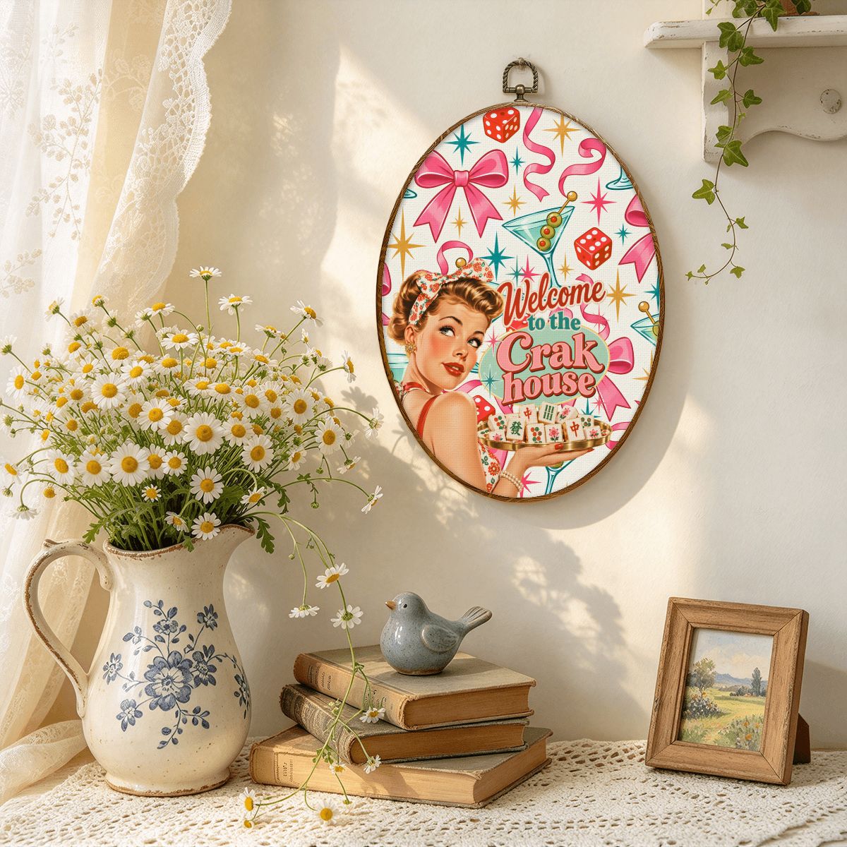 Mahjong Room Funny Welcome To The Crak House Vintage Oval Wall Art Framed Canvas Print - Splash Of Mahj And Color Co.