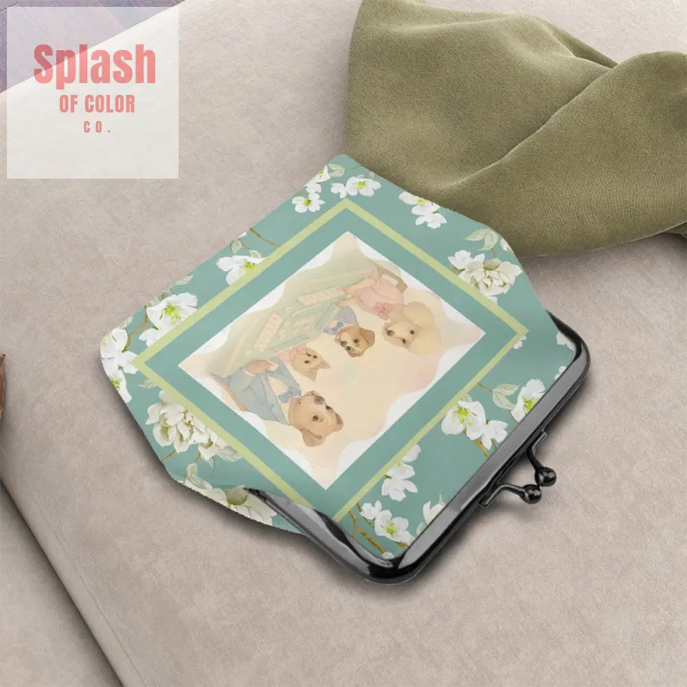 Dogs Playing Mahjong Cute Whimsical Floral Women’s Kiss Lock Coin Purse 4.5’’x4.1’’ Wallet