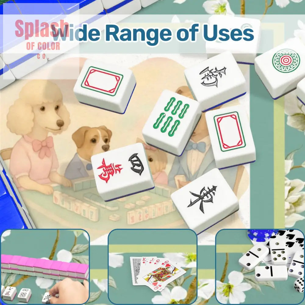Dogs Playing Mahjong Mat Whimsical Floral Asian Designed Neoprene Mahj Mat 31.5’’x31.5’’ Daily Accessories