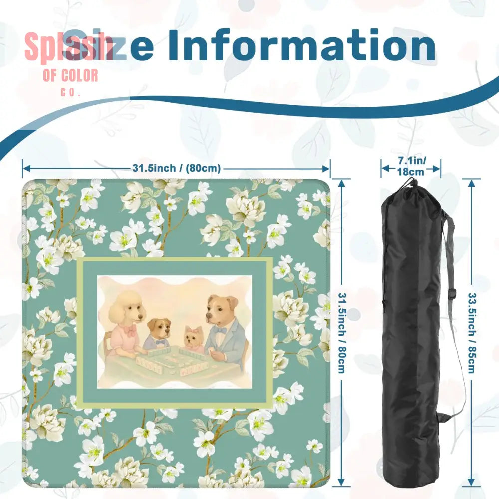 Dogs Playing Mahjong Mat Whimsical Floral Asian Designed Neoprene Mahj Mat 31.5’’x31.5’’ Daily Accessories