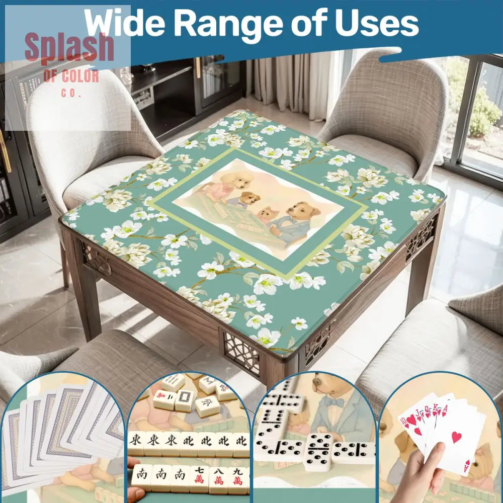 Dogs Playing Mahjong Mat Whimsical Floral Asian Designed Neoprene Mahj Mat 31.5’’x31.5’’ Daily Accessories