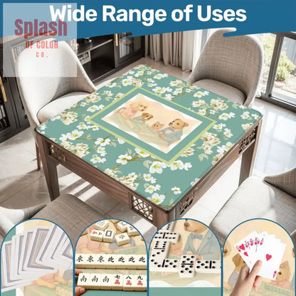 Dogs Playing Mahjong Mat Whimsical Floral Asian Designed Neoprene Mahj Mat 31.5’’x31.5’’ Daily Accessories