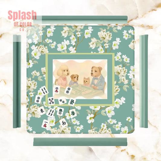 Dogs Playing Mahjong Mat Whimsical Floral Asian Designed Neoprene Mahj Mat 31.5’’x31.5’’ Daily Accessories