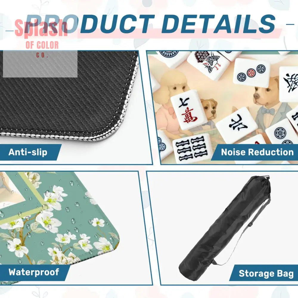 Dogs Playing Mahjong Mat Whimsical Floral Asian Designed Neoprene Mahj Mat 31.5’’x31.5’’ Daily Accessories