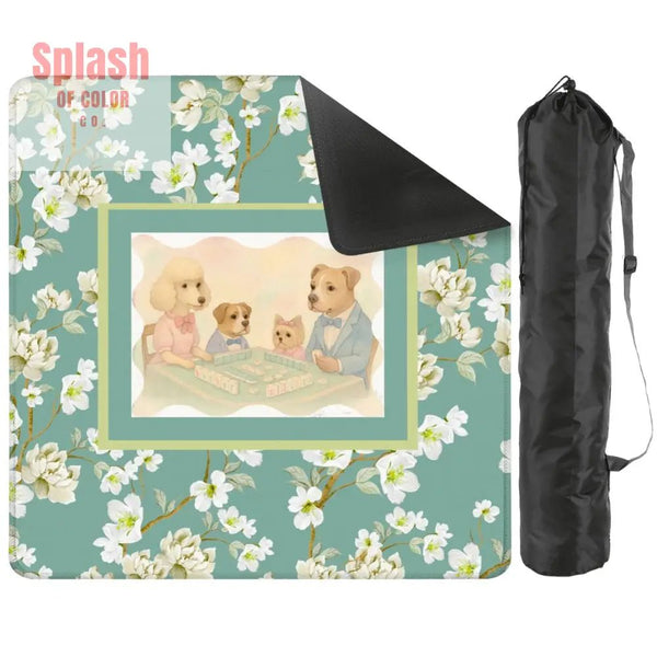 Dogs Playing Mahjong Mat Whimsical Floral Asian Designed Neoprene Mahj Mat 31.5’’x31.5’’ Daily Accessories