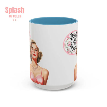 Don’t Stare At My Rack Mahjong Player Gift Funny Mahjong Playful Vintage Vibe Pin Up Girl Mahj Game Night 15 oz. Mug