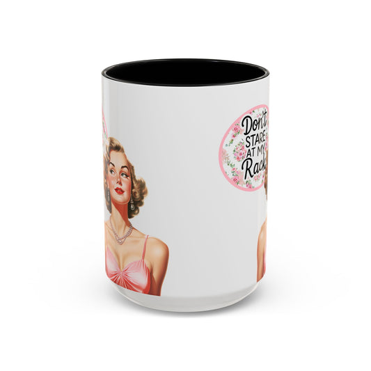 Don’t Stare At My Rack Mahjong Player Gift Funny Mahjong Playful Vintage Vibe Pin Up Girl Mahj Game Night 15 oz. Mug