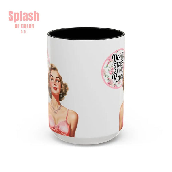 Don’t Stare At My Rack Mahjong Player Gift Funny Mahjong Playful Vintage Vibe Pin Up Girl Mahj Game Night 15 oz. Mug