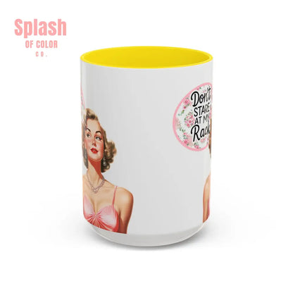 Don’t Stare At My Rack Mahjong Player Gift Funny Mahjong Playful Vintage Vibe Pin Up Girl Mahj Game Night 15 oz. Mug