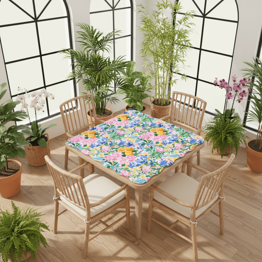 Asian Chinoiserie Tropical Pastel Scalloped Mahjong Mat - Splash of Color Co.