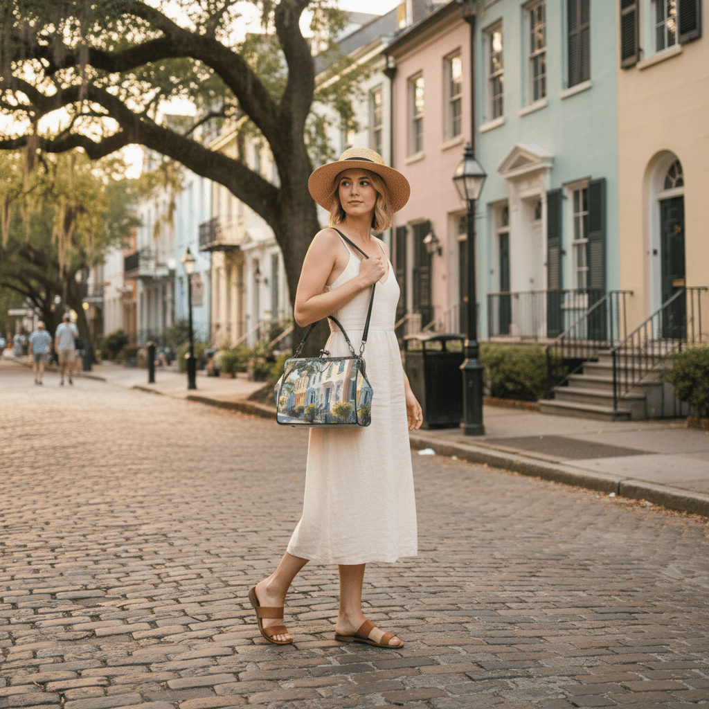 Charleston South Carolina Rainbow Row Preppy Vintage Kisslock Handbag/Shoulder Bag - Splash of Color Co.