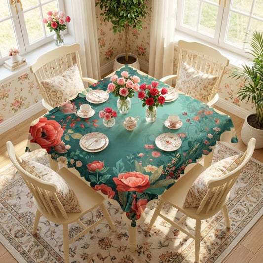 It Must Be Love Vintage Valentine Floral Heart Border Tablecloth — Vintage Rose Garden Table Cover - Splash of Color Co.