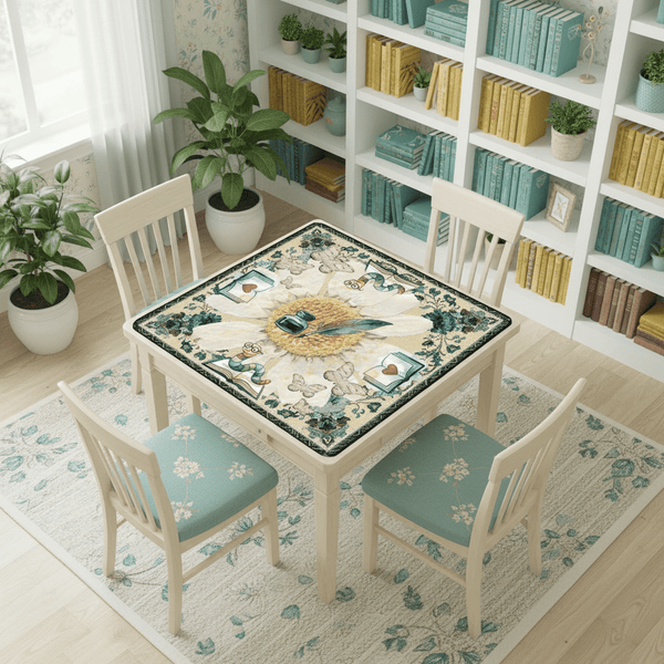 Once Upon A Mahjong Ink And Ivory Faux Embroidered Book Worm Mahjong Mat - Splash of Color Co.