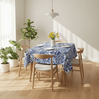 Blue Floral Scroll Tablecloth — Elegant Damask Table Cover for Dining & Entertaining - Splash of Color Co.