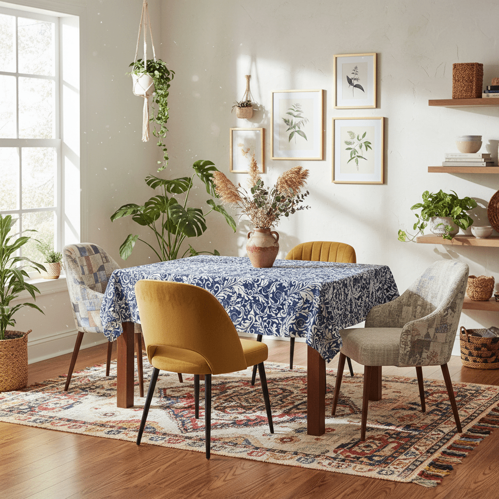 Blue Floral Scroll Tablecloth — Elegant Damask Table Cover for Dining & Entertaining - Splash of Color Co.
